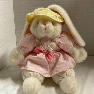 Vintage White Bunny Rabbit Plush Prestige Toys 1990 Hat Pink & White Dress Soft